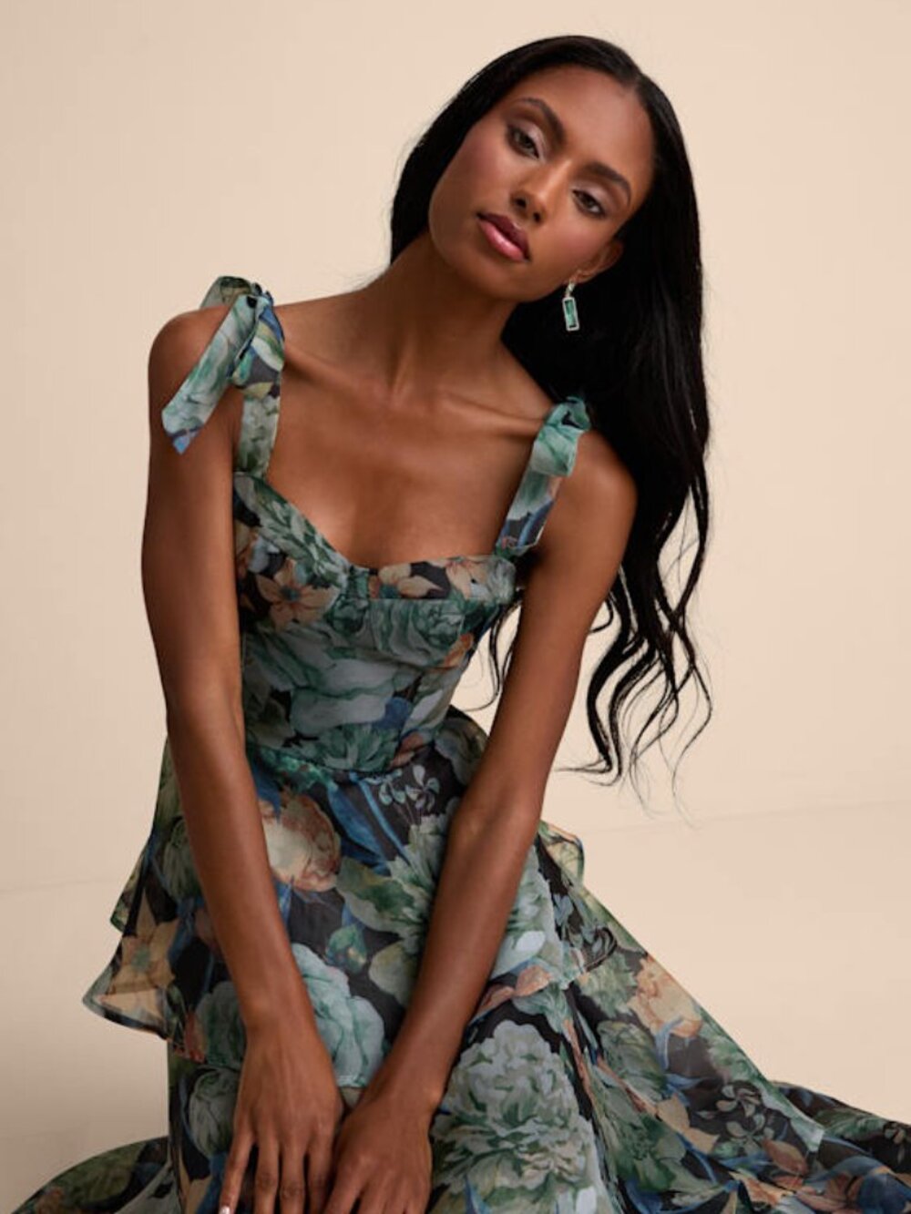 Lulus Playfully Posh Black Floral Organza Tie-strap Tiered Midi Dress - Size S